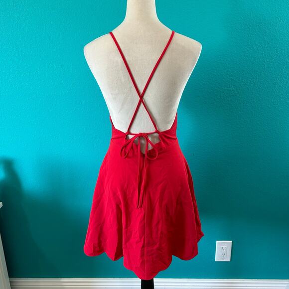 Lulus Red Play On Curved Scalloped High Neck Lace Back Mini Dress Party Size S - Picture 5 of 8